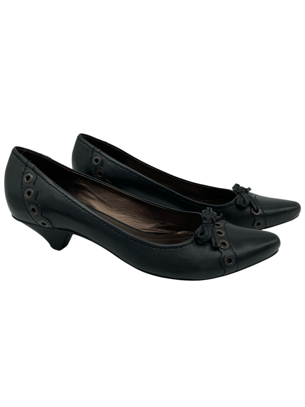 Arturo Chiang Leather Grommet and Bow Pointed Toe Kitten Heels